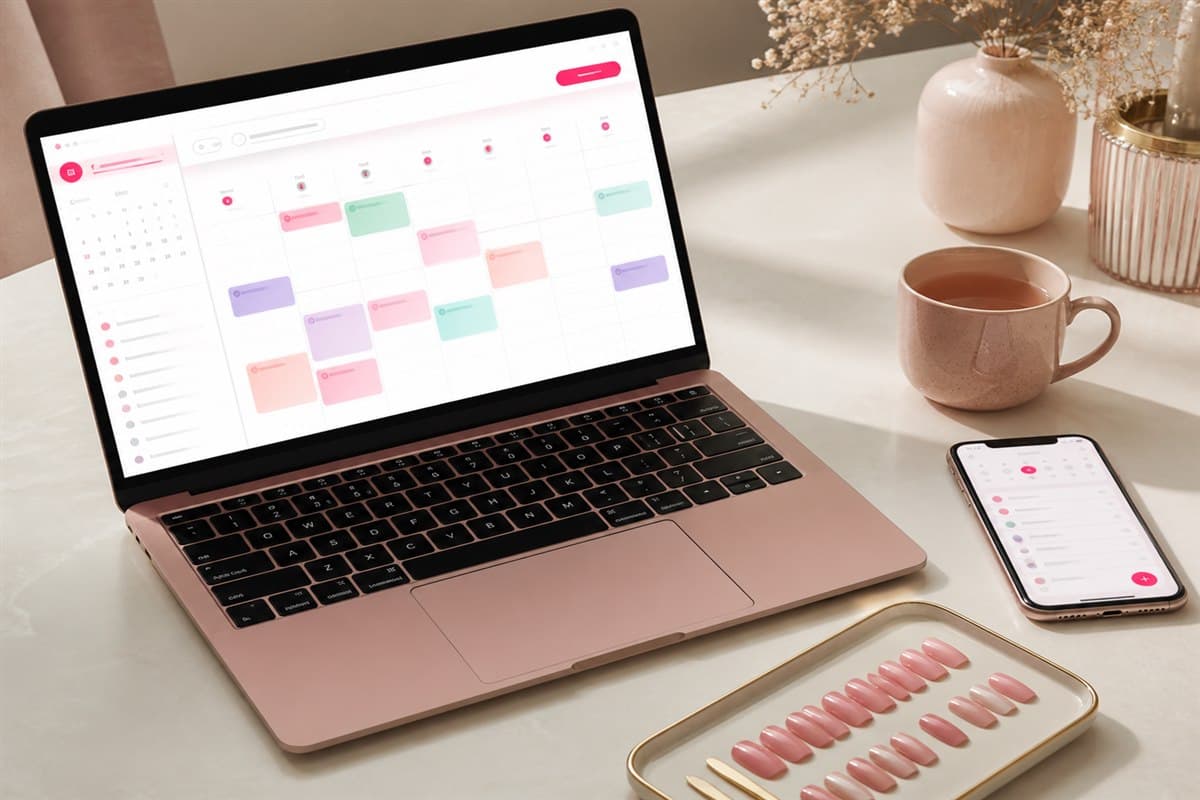 Notebook com a agenda Kmirra organizada e celular ao lado
