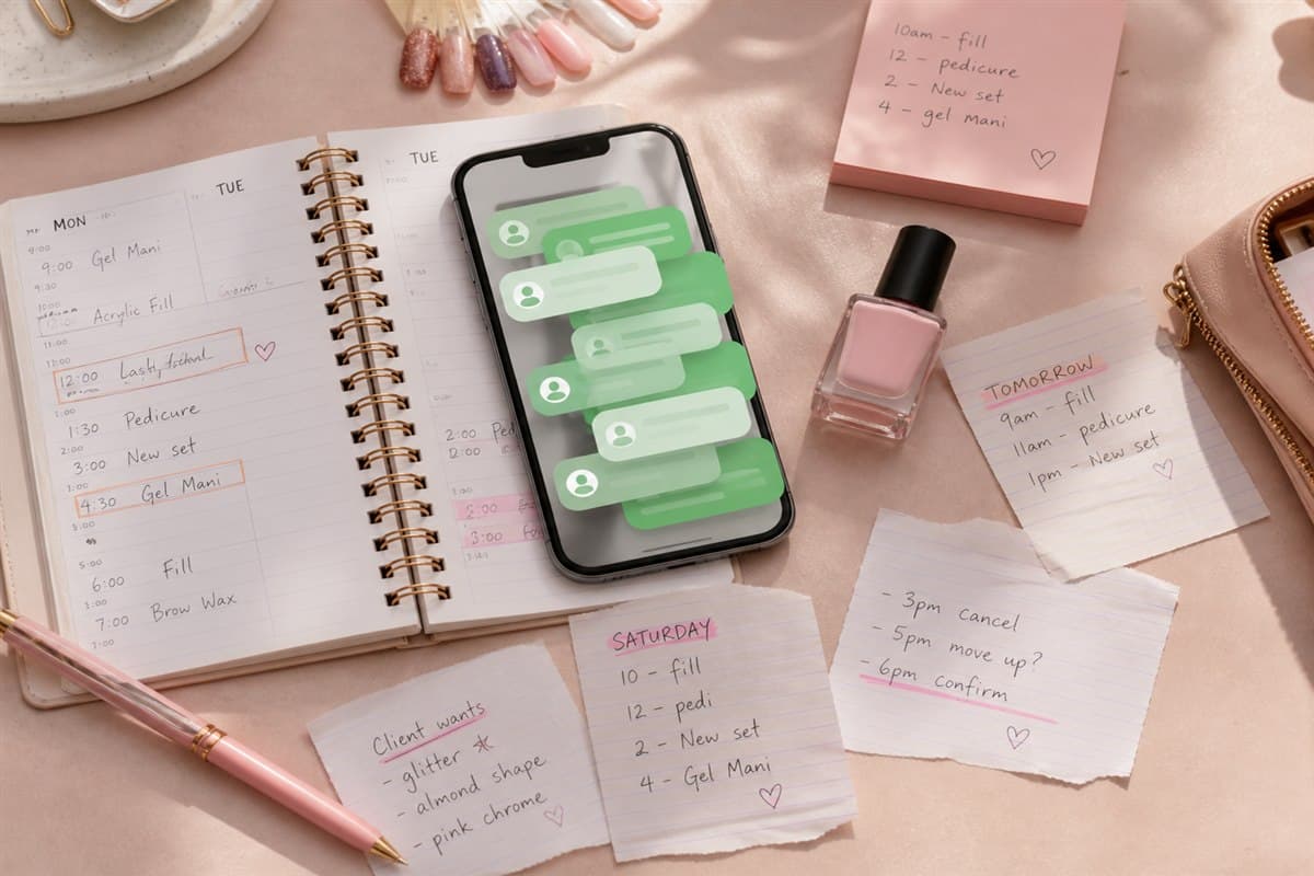 Agenda de papel, celular com muitas mensagens e anotações espalhadas
