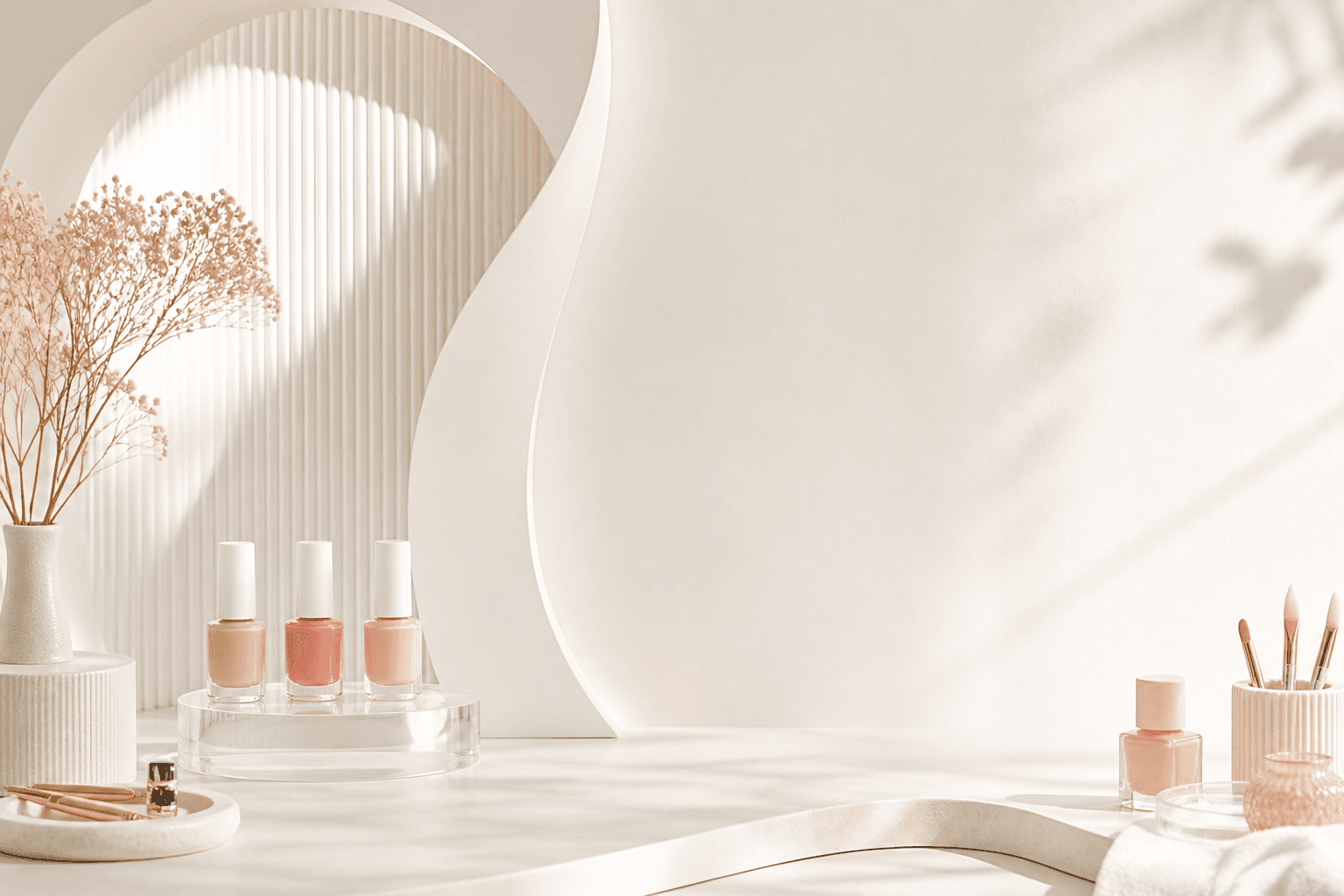 Estúdio de manicure branco com arcos, esmaltes e objetos em tons rosados