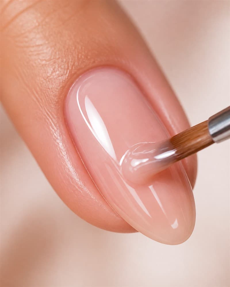 Aplicação profissional de gel nude em uma unha almond